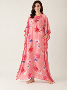 The Kaftan Company Kaftan Pink Floral Print Modal Kaftan with Tassel Trim & Pockets