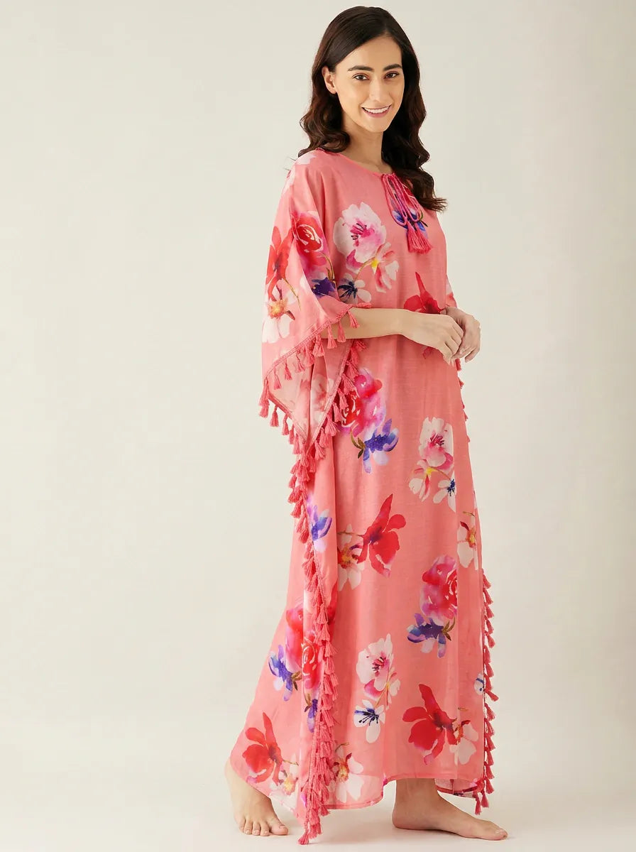 The Kaftan Company Kaftan Pink Floral Print Modal Kaftan with Tassel Trim & Pockets
