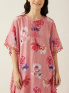The Kaftan Company Kaftan Pink Floral Print Modal Kaftan with Tassel Trim & Pockets