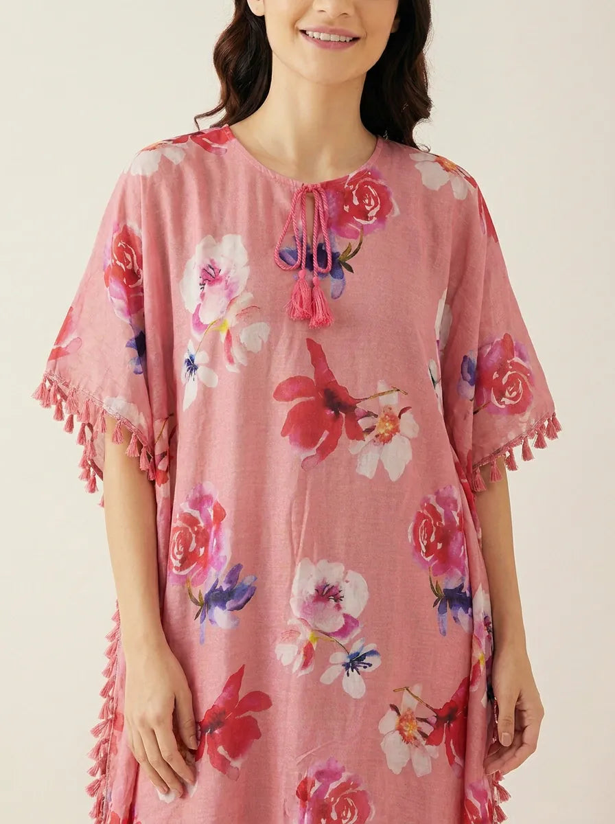The Kaftan Company Kaftan Pink Floral Print Modal Kaftan with Tassel Trim & Pockets