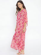 The Kaftan Company Kaftan Pink Floral Print Sheer Georgette Maxi Kaftan