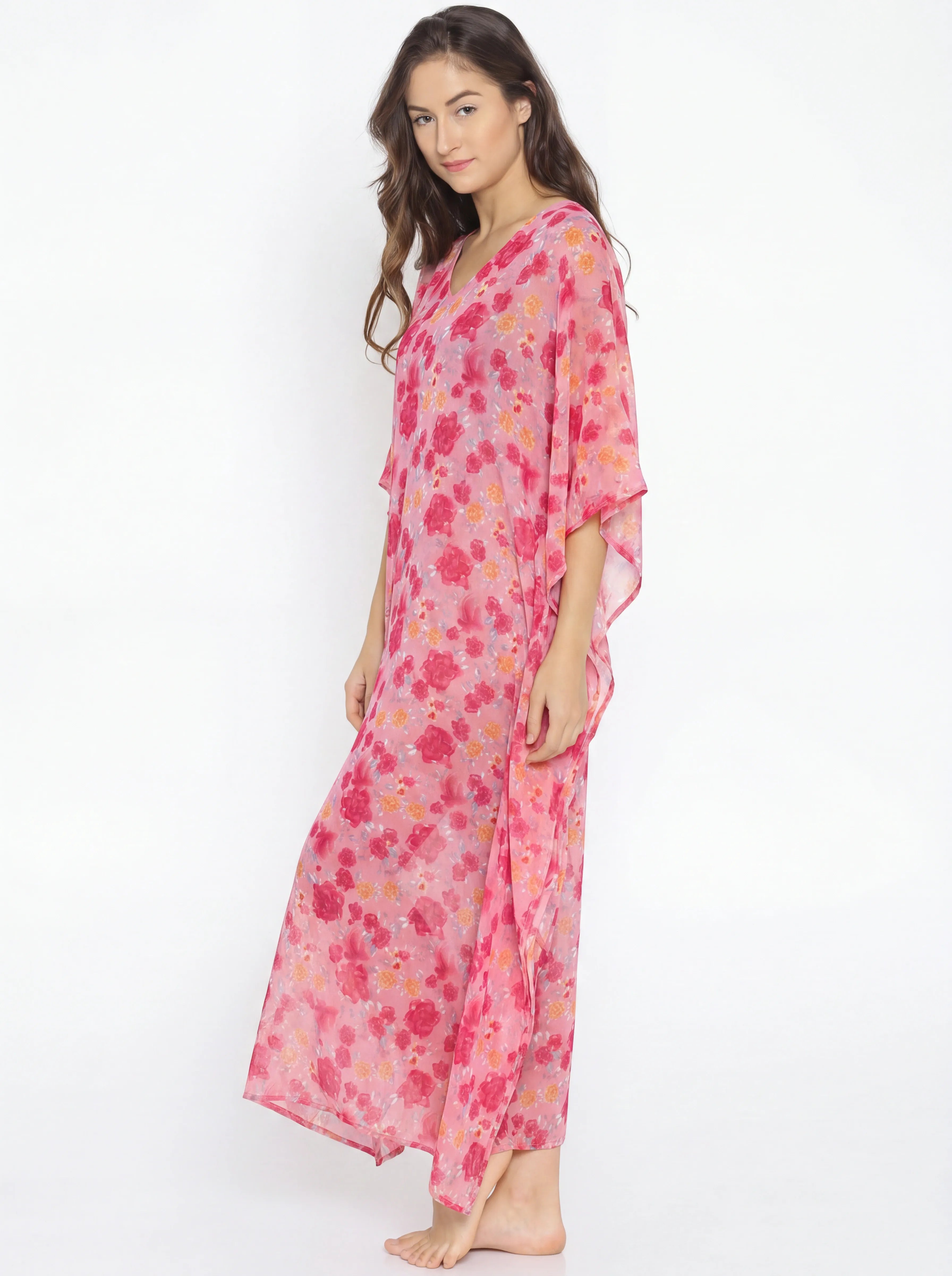 The Kaftan Company Kaftan Pink Floral Print Sheer Georgette Maxi Kaftan