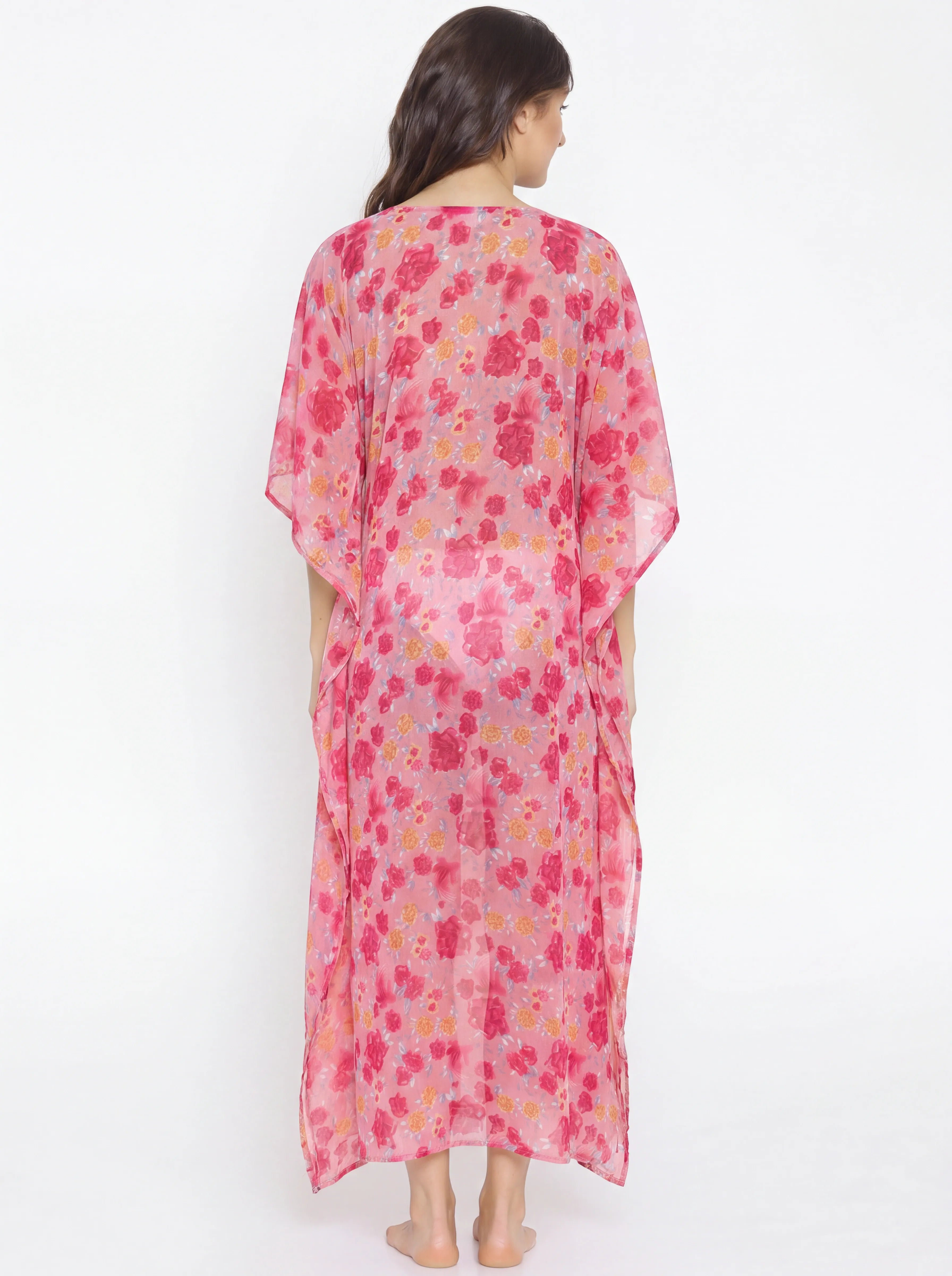 The Kaftan Company Kaftan Pink Floral Print Sheer Georgette Maxi Kaftan