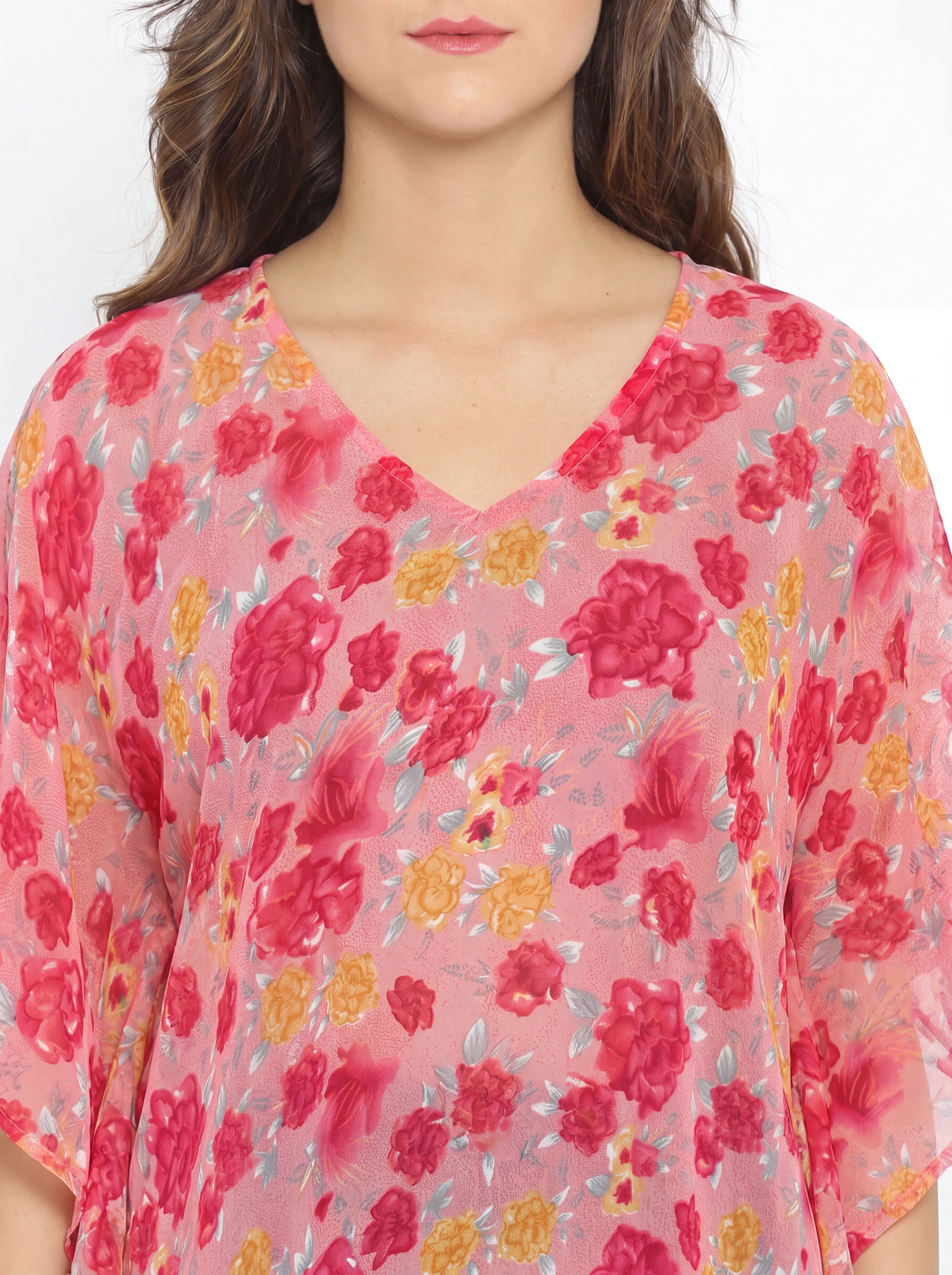 The Kaftan Company Kaftan Pink Floral Print Sheer Georgette Maxi Kaftan