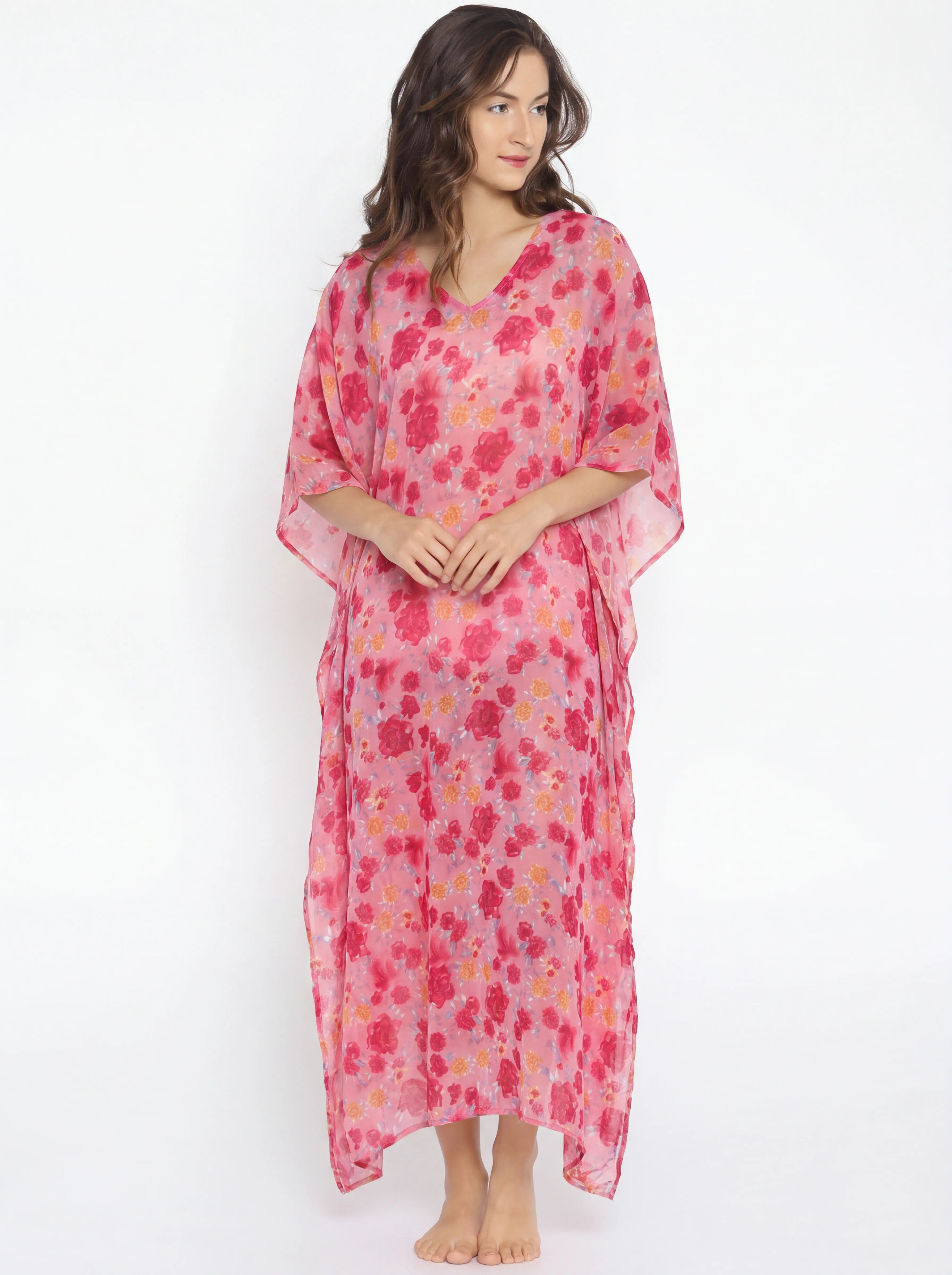 The Kaftan Company Kaftan Pink Floral Print Sheer Georgette Maxi Kaftan