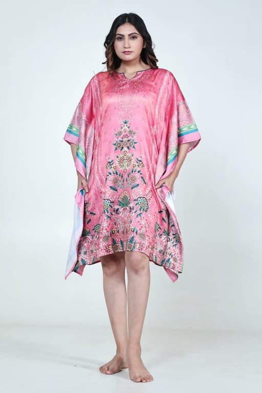 The Kaftan Company Kaftan Pink Floral Printed Satin Kaftan with Pockets