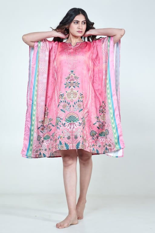 The Kaftan Company Kaftan Pink Floral Printed Satin Kaftan with Pockets