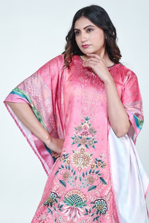The Kaftan Company Kaftan Pink Floral Printed Satin Kaftan with Pockets