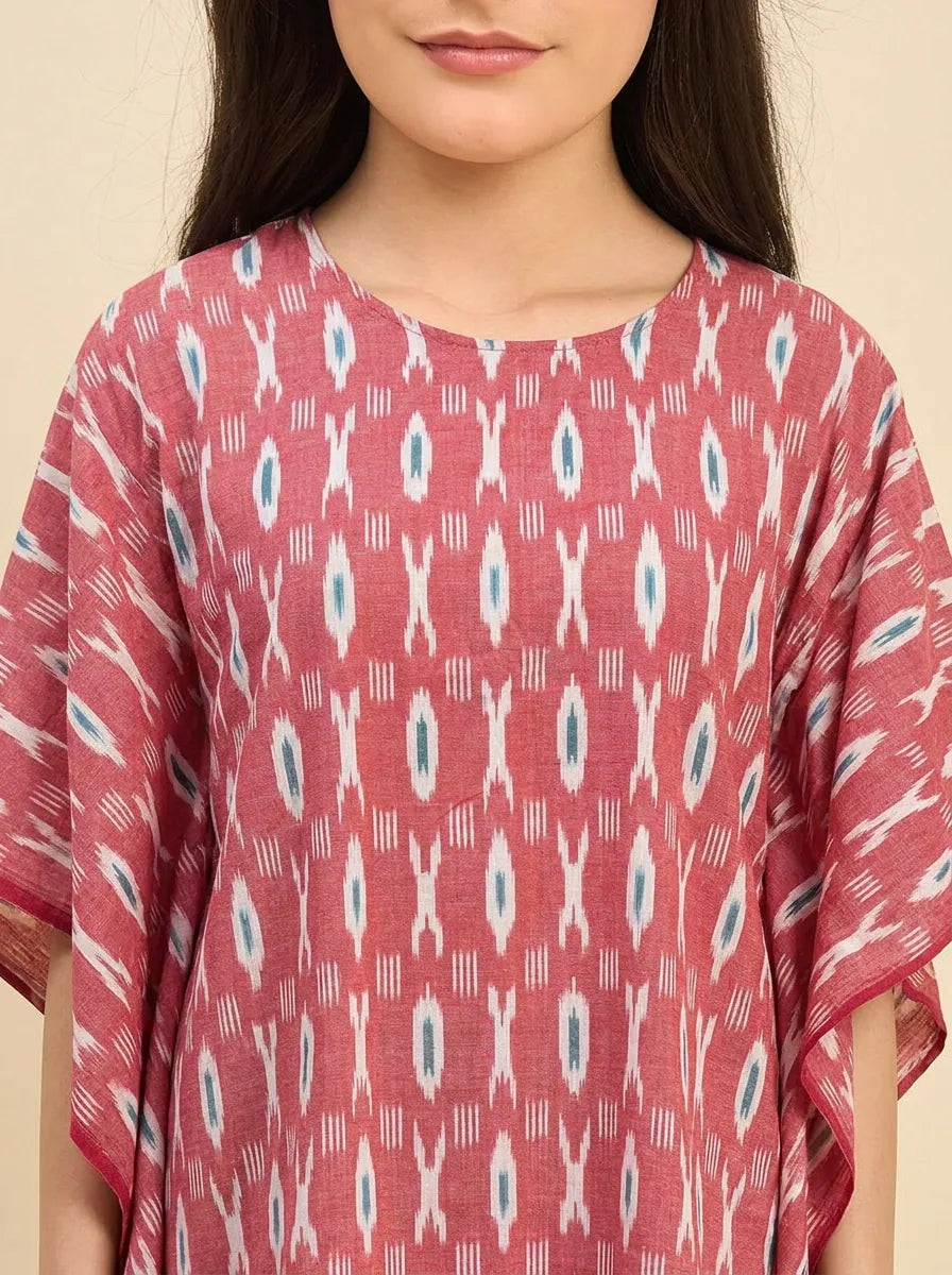 The Kaftan Company Kaftan Pink Ikat Handloom Cotton Kaftan with Pockets