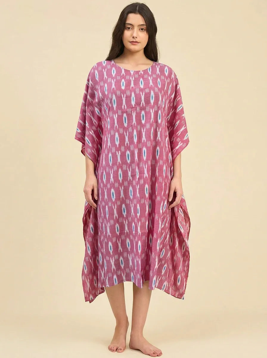 The Kaftan Company Kaftan Pink Ikat Handloom Cotton Kaftan with Pockets