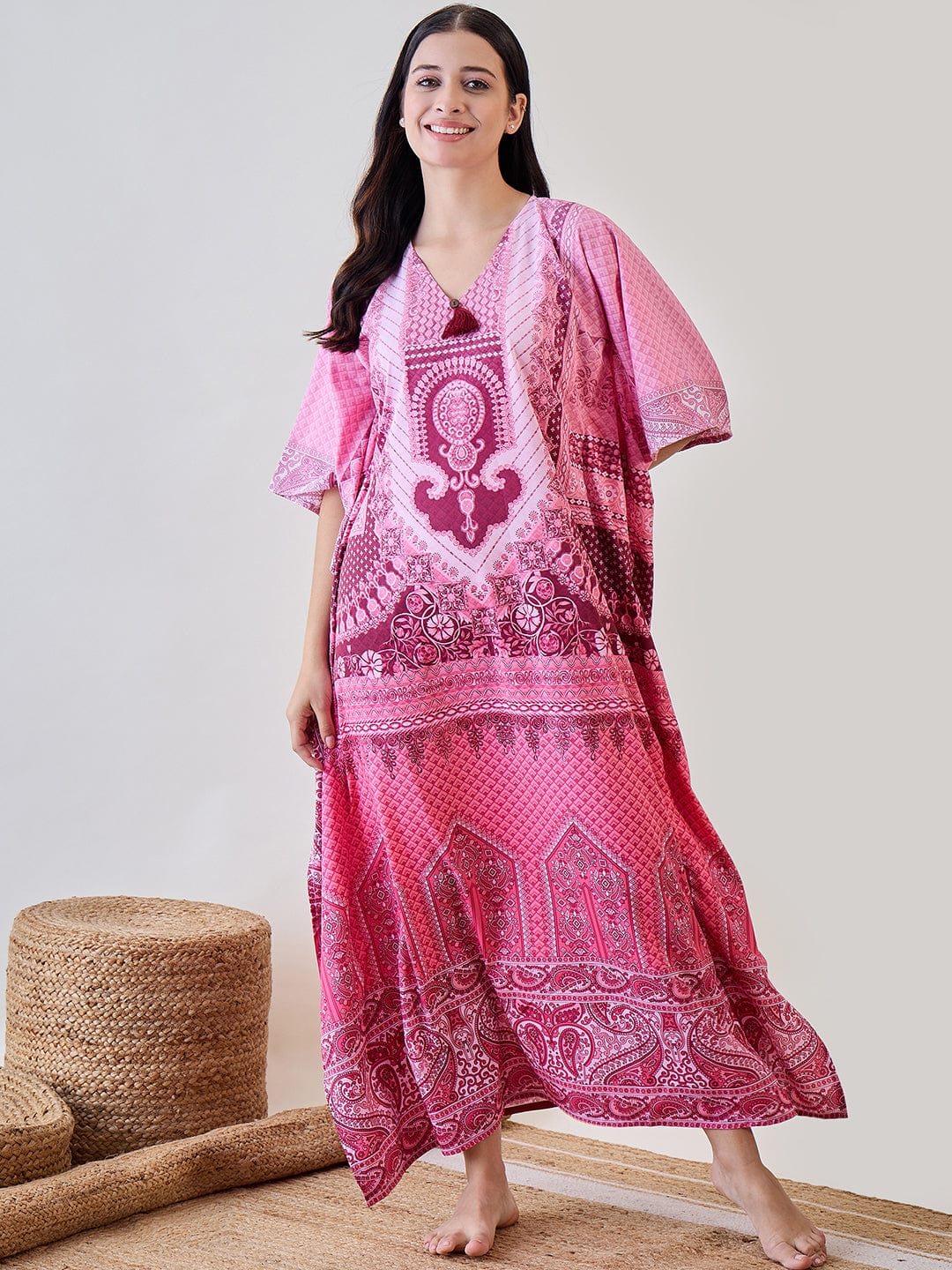 The Kaftan Company Kaftan Pink Intricate Printed Crepe Kaftan Nightdress