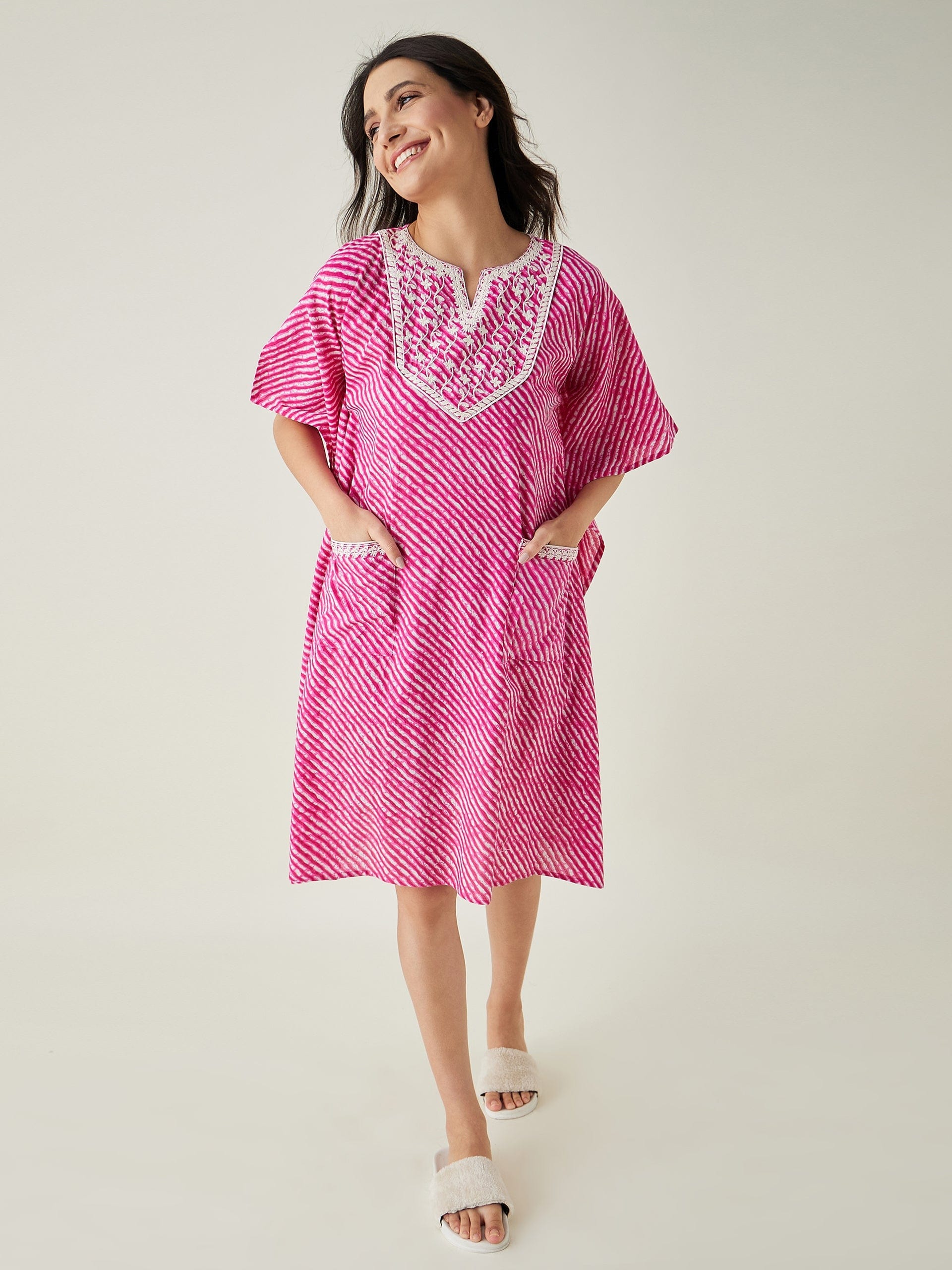 The Kaftan Company Kaftan Pink Leheriya Embroidered Kaftan