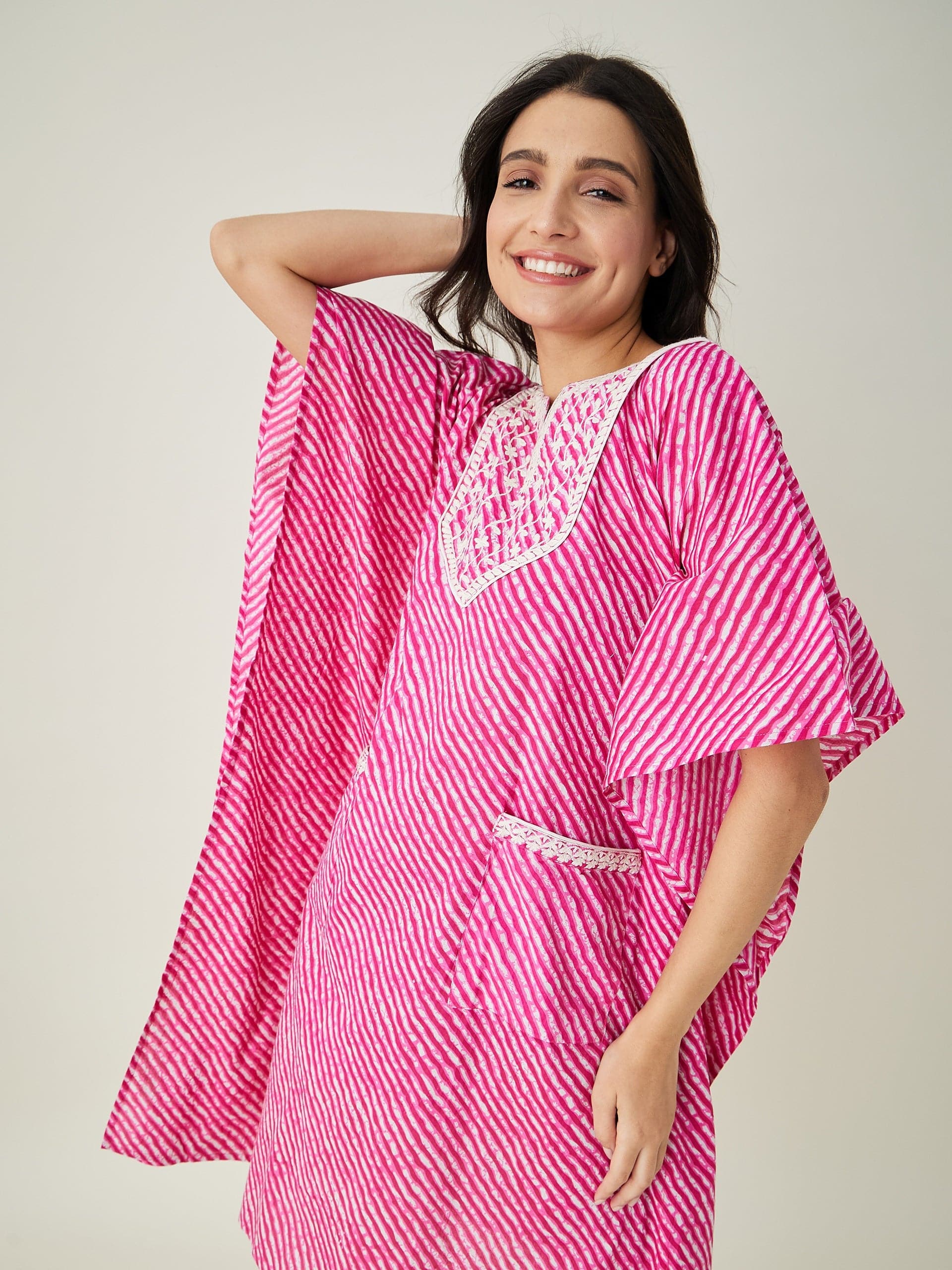 The Kaftan Company Kaftan Pink Leheriya Embroidered Kaftan