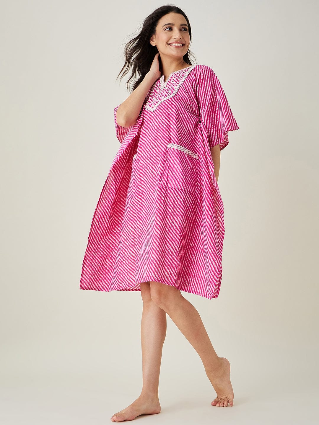 The Kaftan Company Kaftan Pink Leheriya Embroidered Kaftan
