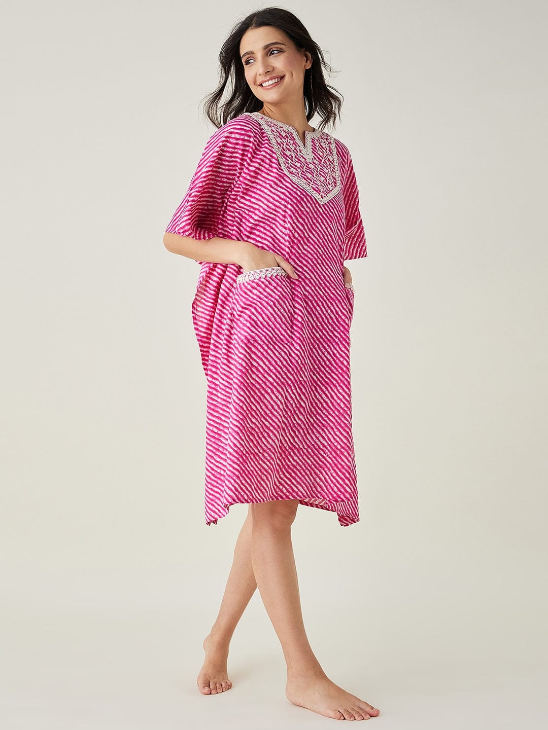 The Kaftan Company Kaftan Pink Leheriya Embroidered Kaftan