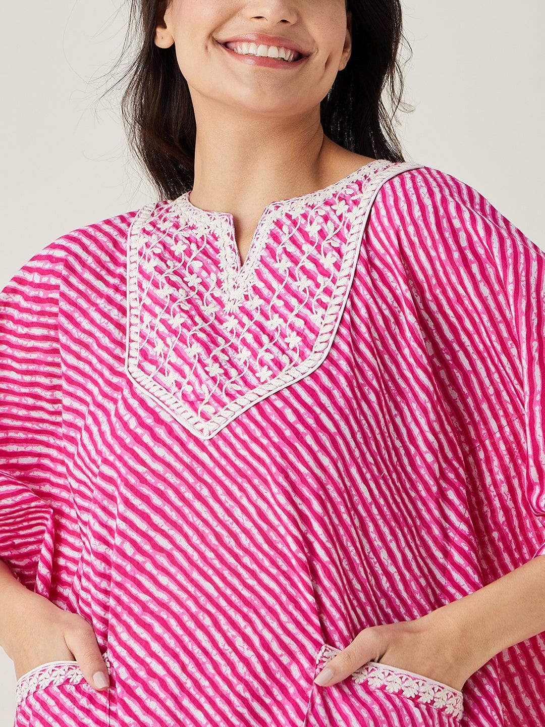 The Kaftan Company Kaftan Pink Leheriya Embroidered Kaftan