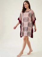 The Kaftan Company Kaftan Pink & Maroon Print Short Kaftan with Contrast Trim