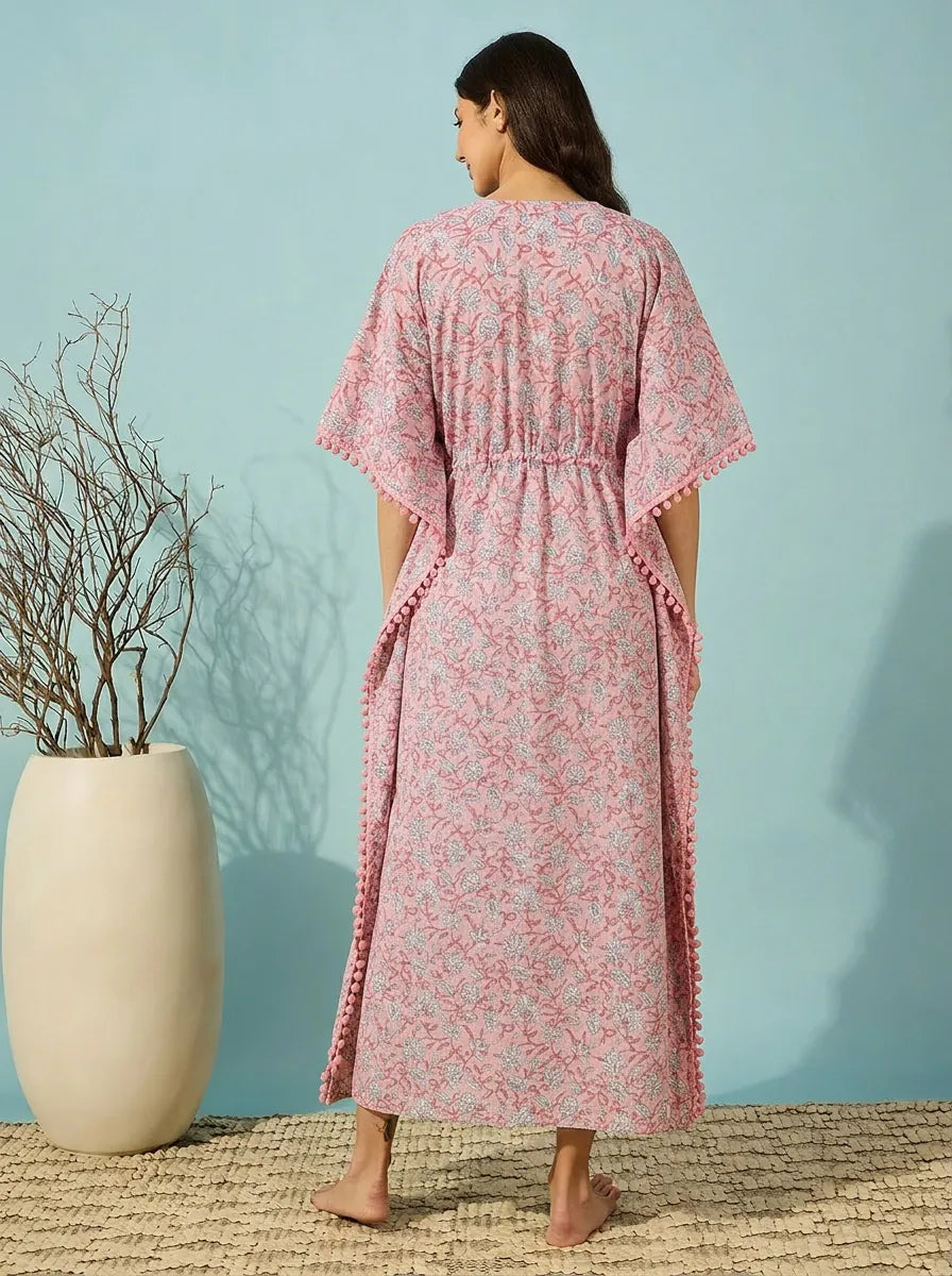 The Kaftan Company Kaftan Pink Paisley Floral Drawstring Cotton Kaftan