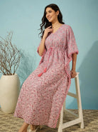 The Kaftan Company Kaftan Pink Paisley Floral Drawstring Cotton Kaftan