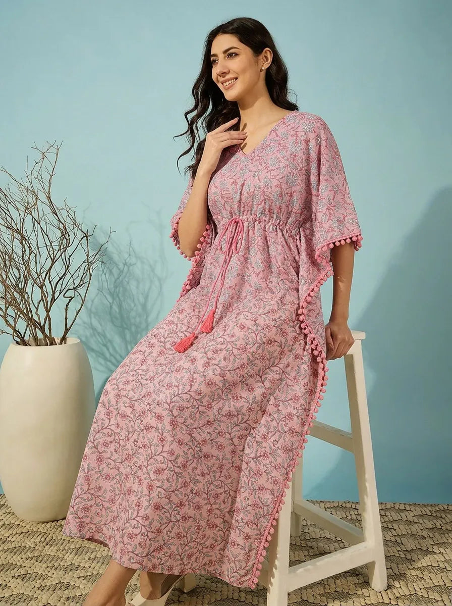 The Kaftan Company Kaftan Pink Paisley Floral Drawstring Cotton Kaftan