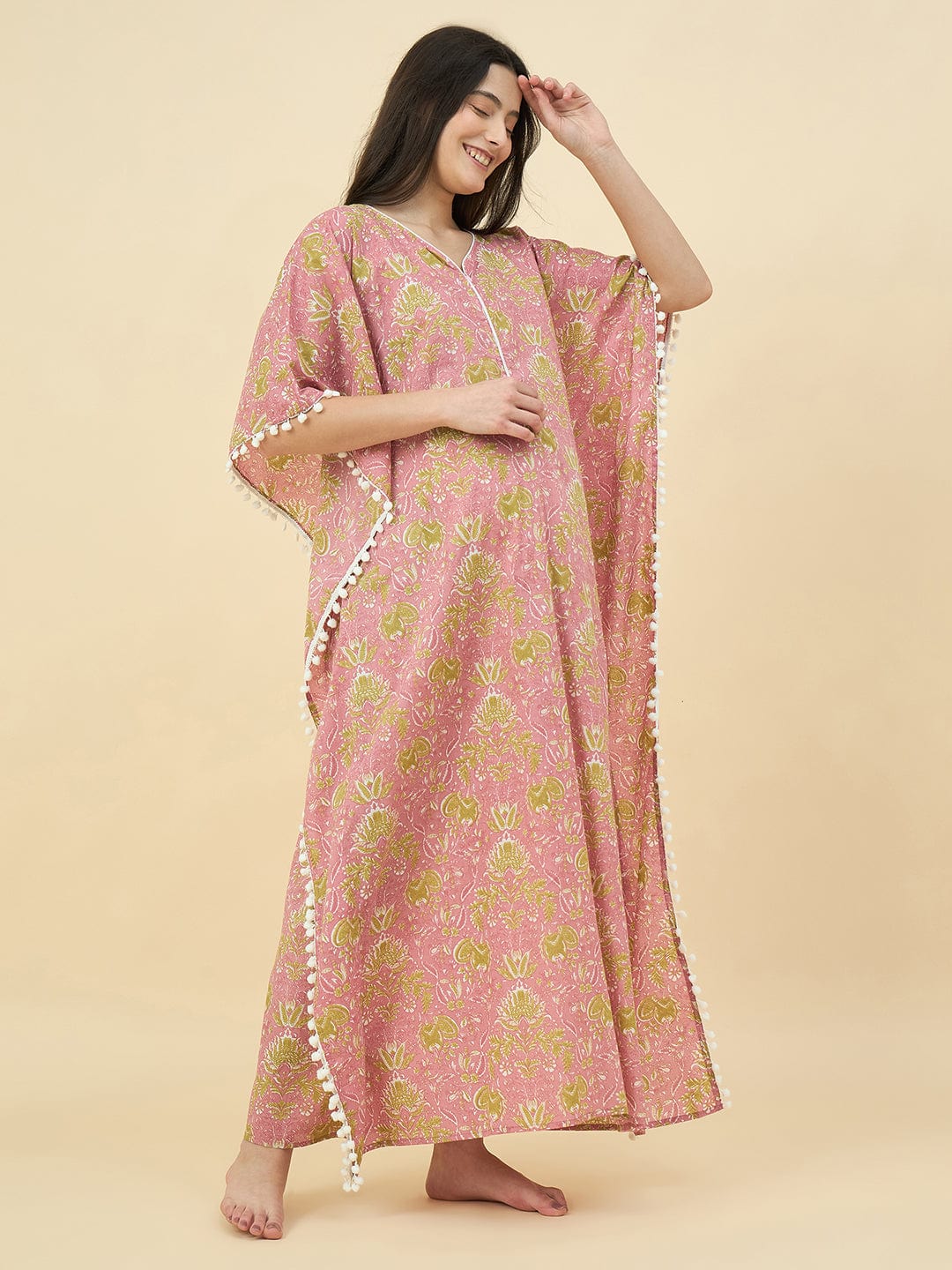 The Kaftan Company Kaftan Pink Printed Cotton Maternity Kaftan with Feeding Zipper