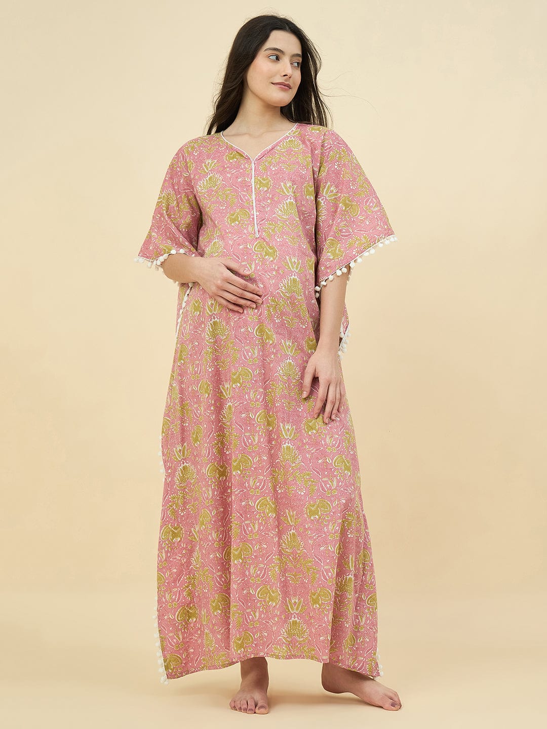 The Kaftan Company Kaftan Pink Printed Cotton Maternity Kaftan with Feeding Zipper