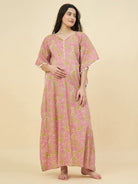 The Kaftan Company Kaftan Pink Printed Cotton Maternity Kaftan with Feeding Zipper