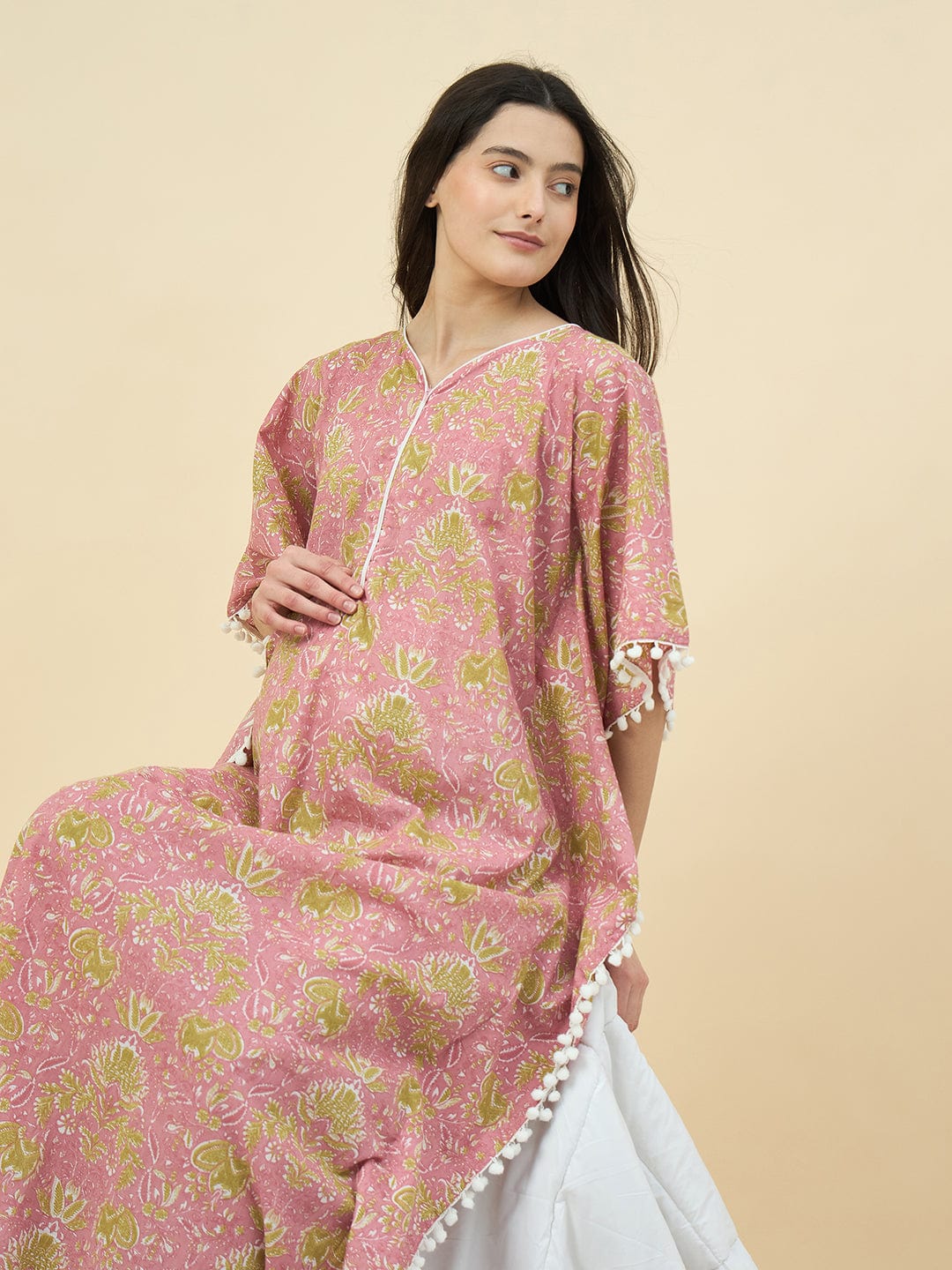 The Kaftan Company Kaftan Pink Printed Cotton Maternity Kaftan with Feeding Zipper