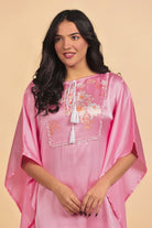 The Kaftan Company Kaftan Pink Solid Lustrous Satin Kaftan Nightdress with Tassel Detail