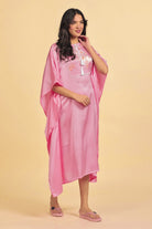 The Kaftan Company Kaftan Pink Solid Lustrous Satin Kaftan Nightdress with Tassel Detail