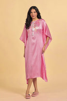 The Kaftan Company Kaftan Pink Solid Lustrous Satin Kaftan Nightdress with Tassel Detail