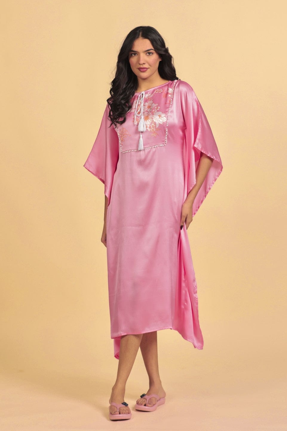 The Kaftan Company Kaftan Pink Solid Lustrous Satin Kaftan Nightdress with Tassel Detail