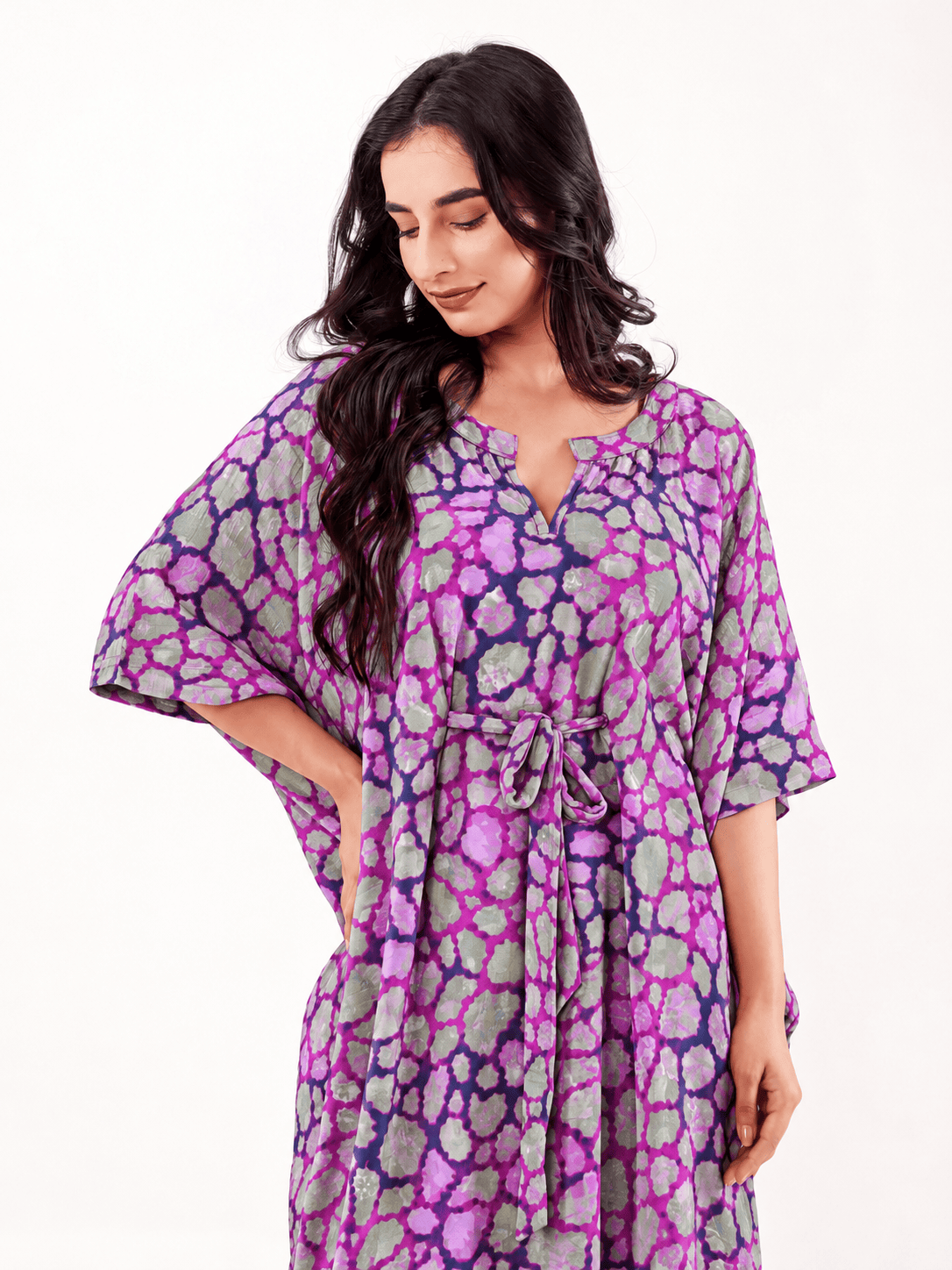 The Kaftan Company Kaftan Purple Printed Cotton Kaftan with Drawstring Waist