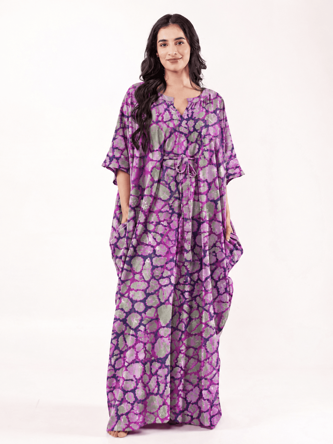 The Kaftan Company Kaftan Purple Printed Cotton Kaftan with Drawstring Waist