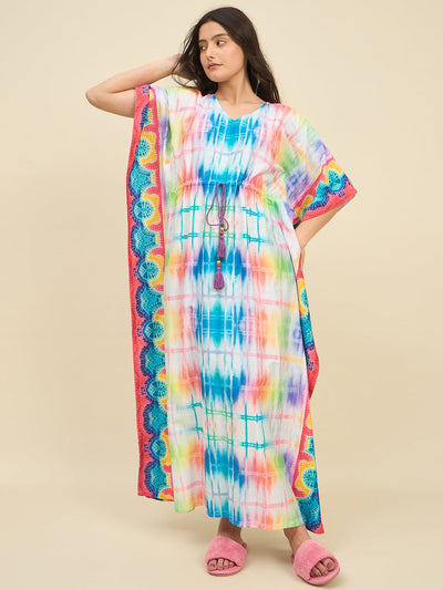 Rainbow Grid Tie-Dye Printed Cotton Kaftan with Tassel Drawstring