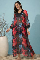 The Kaftan Company Kaftan Red & Black Floral Print Georgette Kaftan with Lace Trim