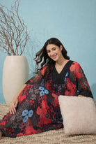 The Kaftan Company Kaftan Red & Black Floral Print Georgette Kaftan with Lace Trim