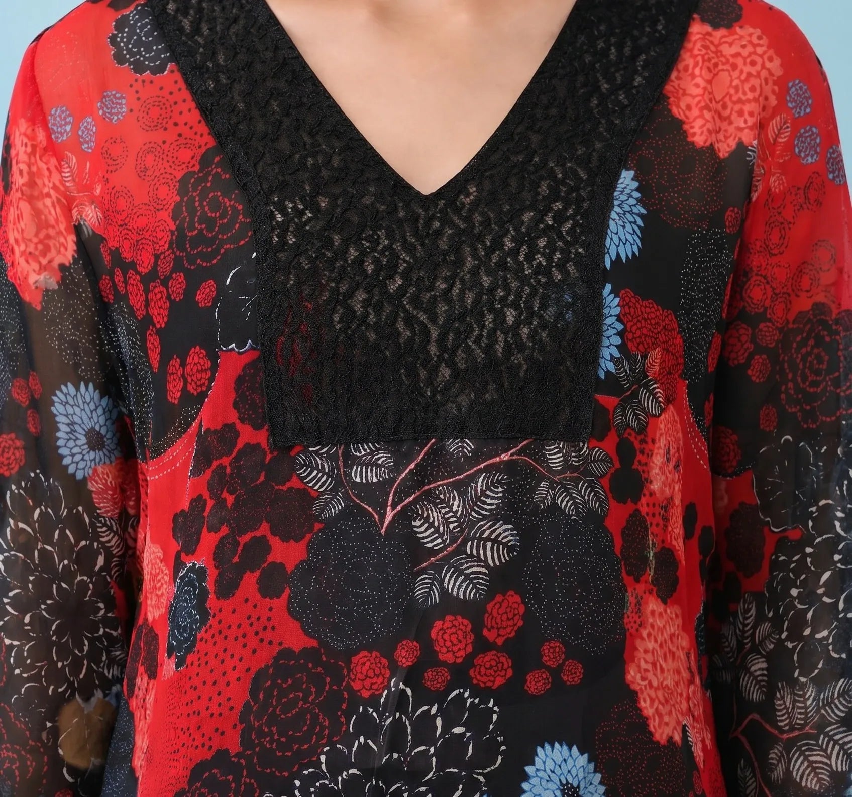 The Kaftan Company Kaftan Red & Black Floral Print Georgette Kaftan with Lace Trim