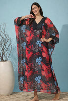 The Kaftan Company Kaftan Red & Black Floral Print Georgette Kaftan with Lace Trim