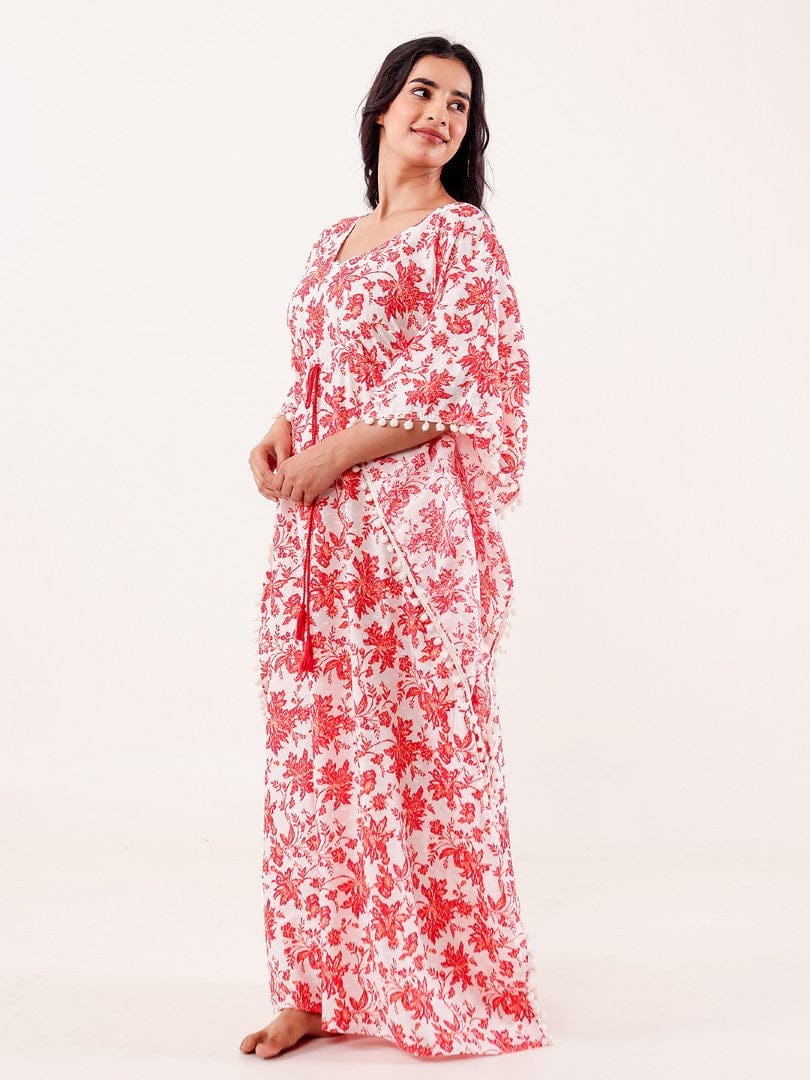 The Kaftan Company Kaftan Red Floral Printed Cotton Loungewear Kaftan