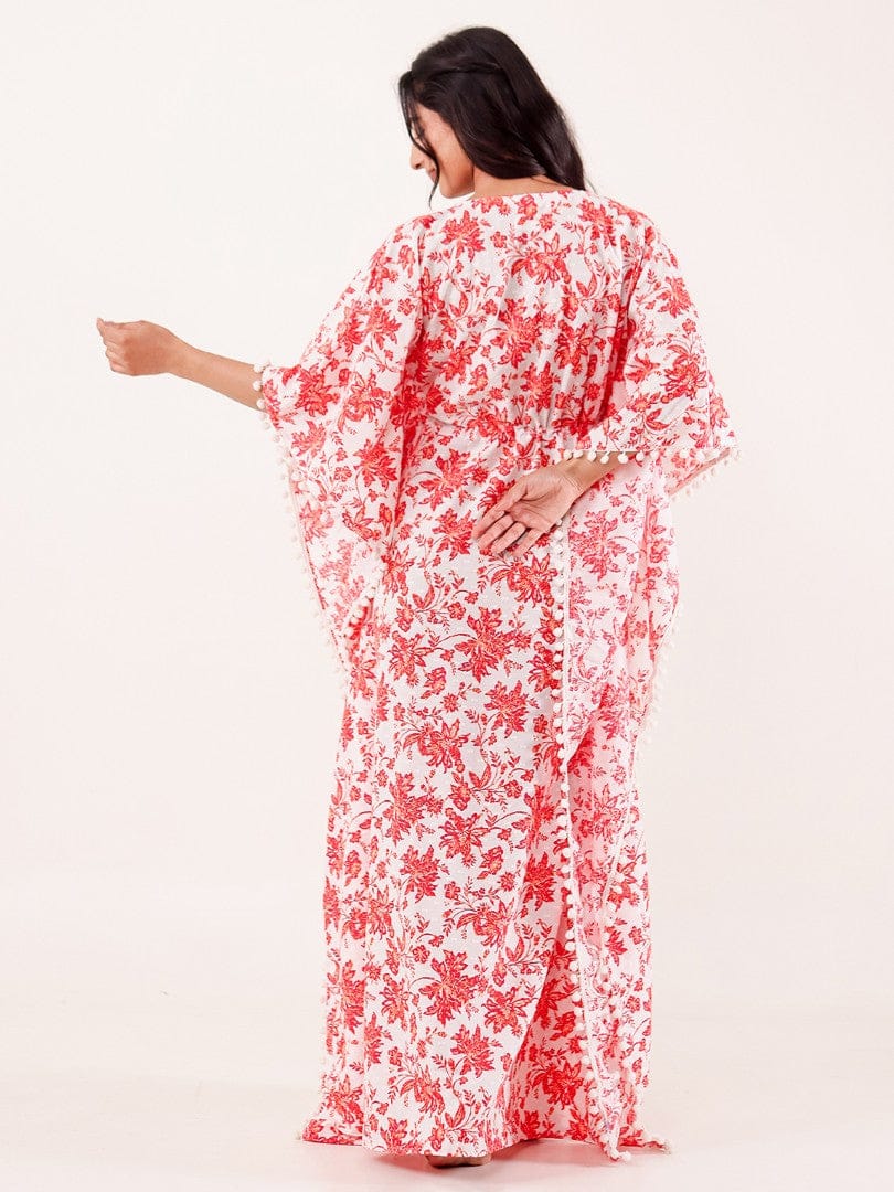 The Kaftan Company Kaftan Red Floral Printed Cotton Loungewear Kaftan