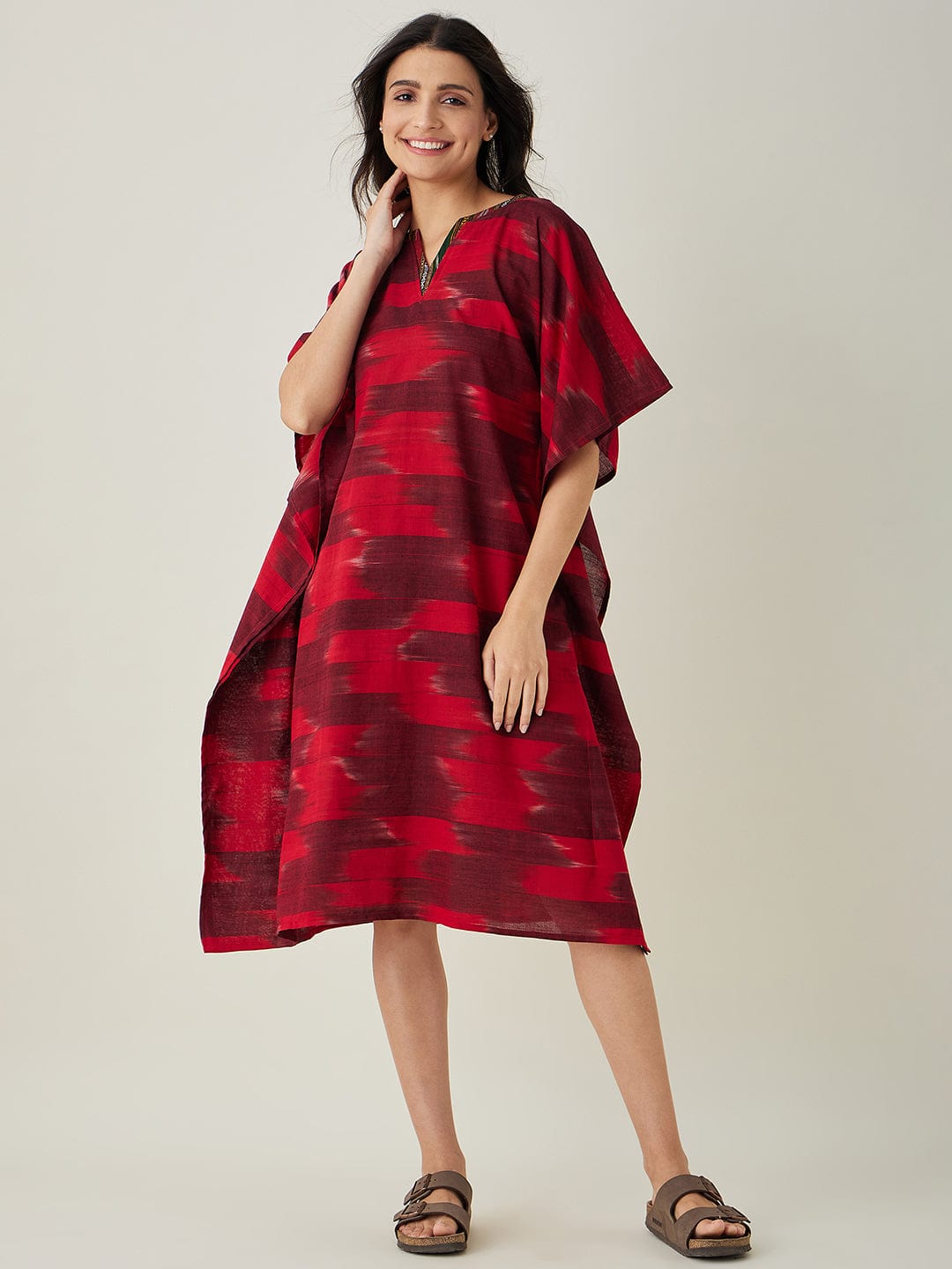 The Kaftan Company Kaftan Red Handloom Ikat Weave Cotton Kaftan