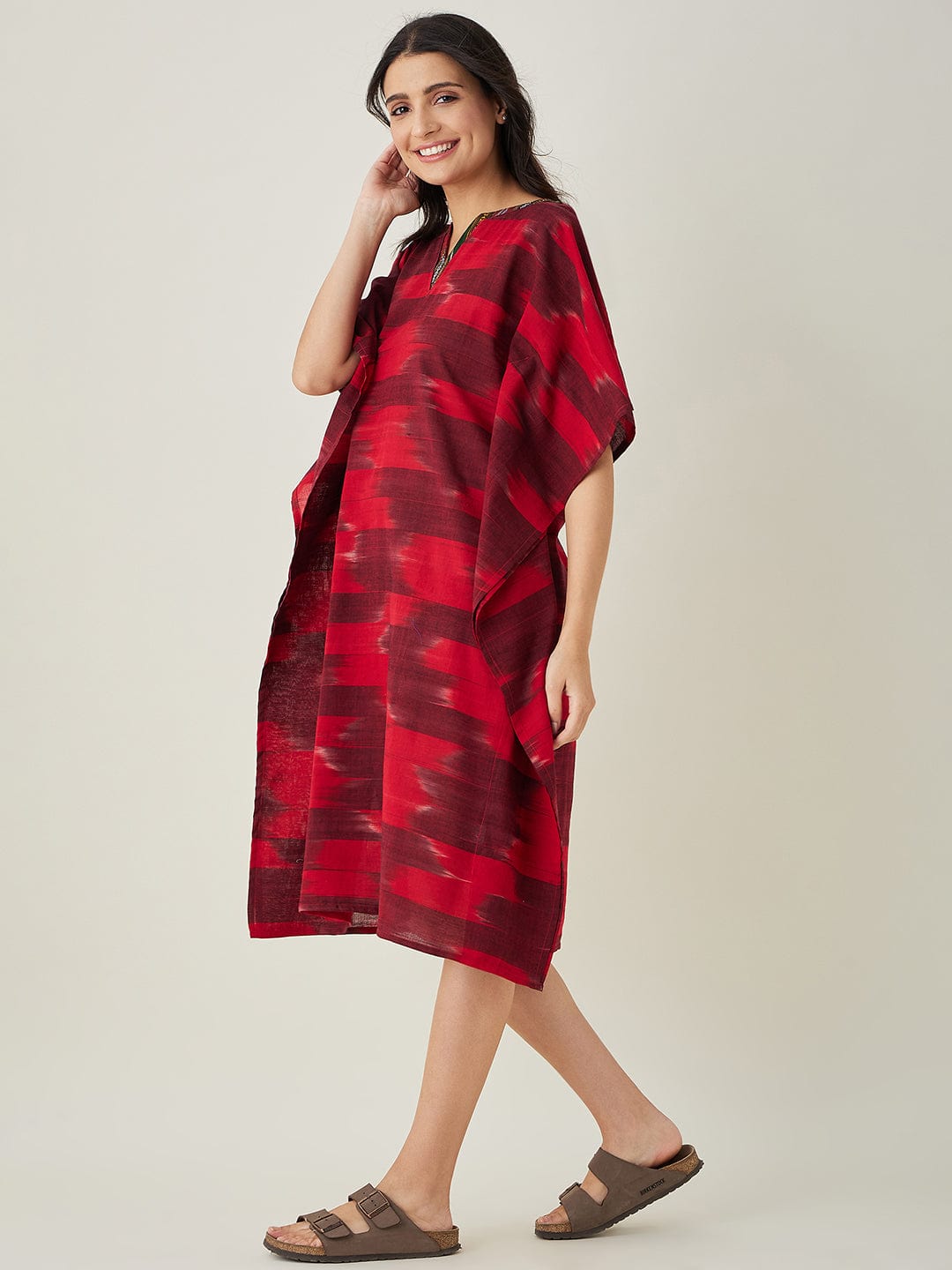 The Kaftan Company Kaftan Red Handloom Ikat Weave Cotton Kaftan