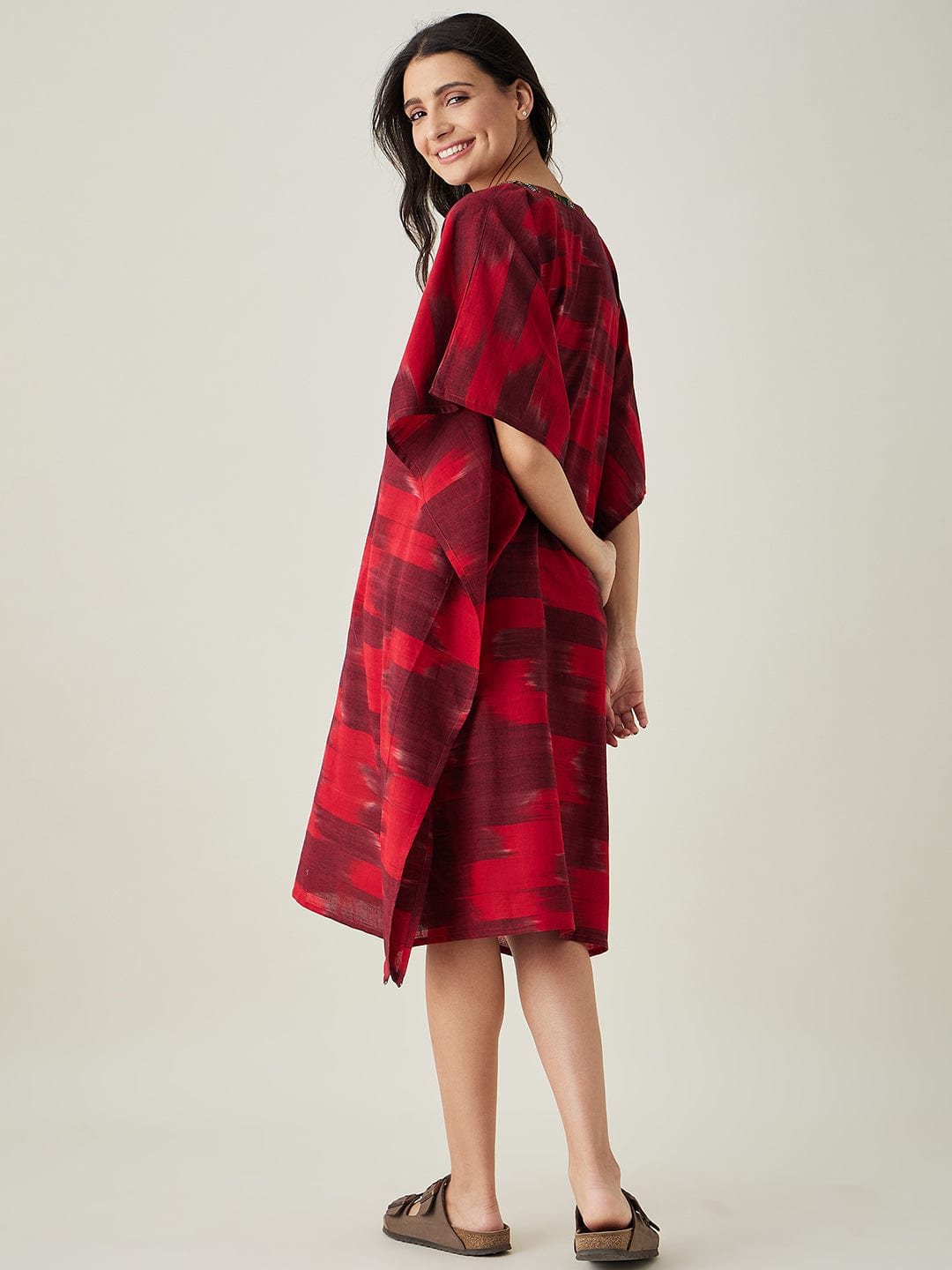 The Kaftan Company Kaftan Red Handloom Ikat Weave Cotton Kaftan