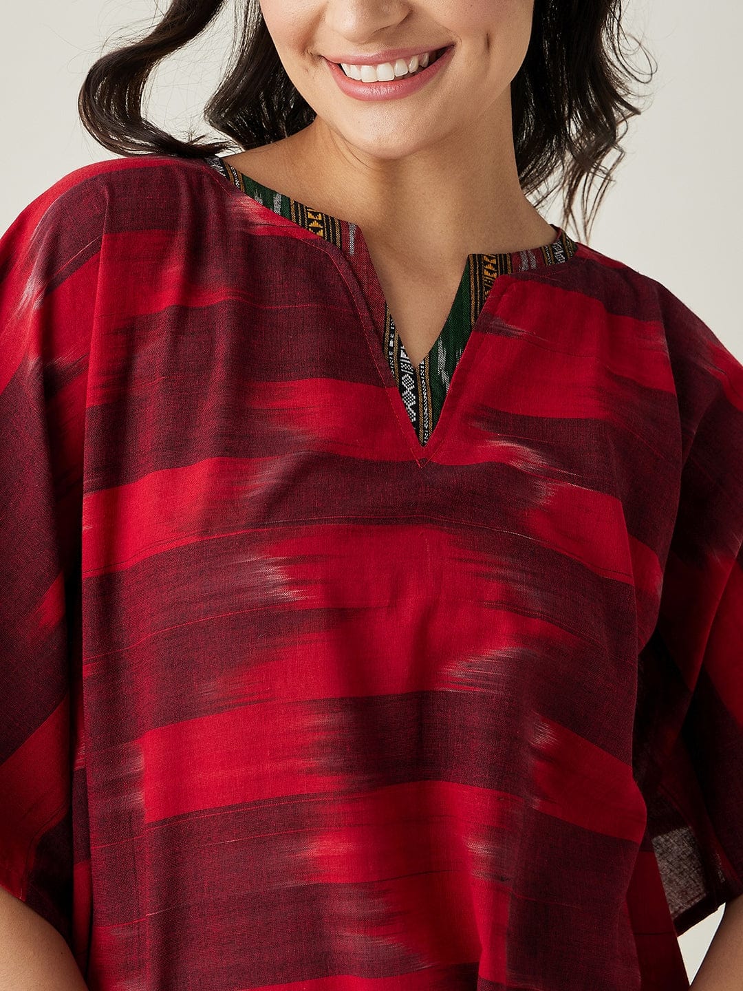 The Kaftan Company Kaftan Red Handloom Ikat Weave Cotton Kaftan