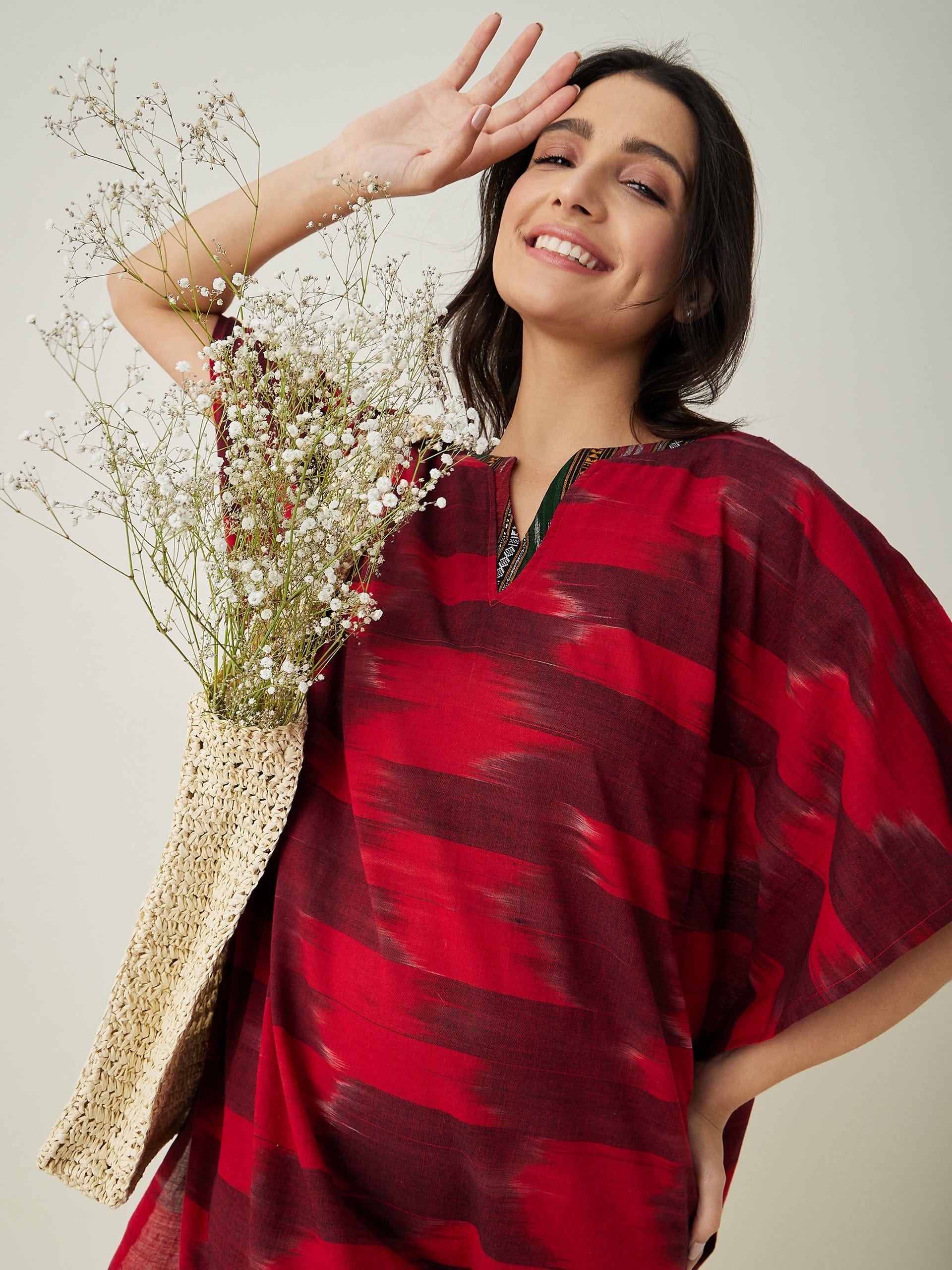 The Kaftan Company Kaftan Red Handloom Ikat Weave Cotton Kaftan