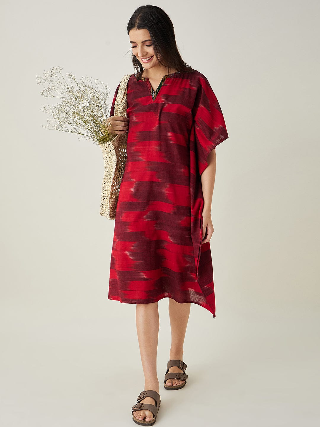 The Kaftan Company Kaftan Red Handloom Ikat Weave Cotton Kaftan