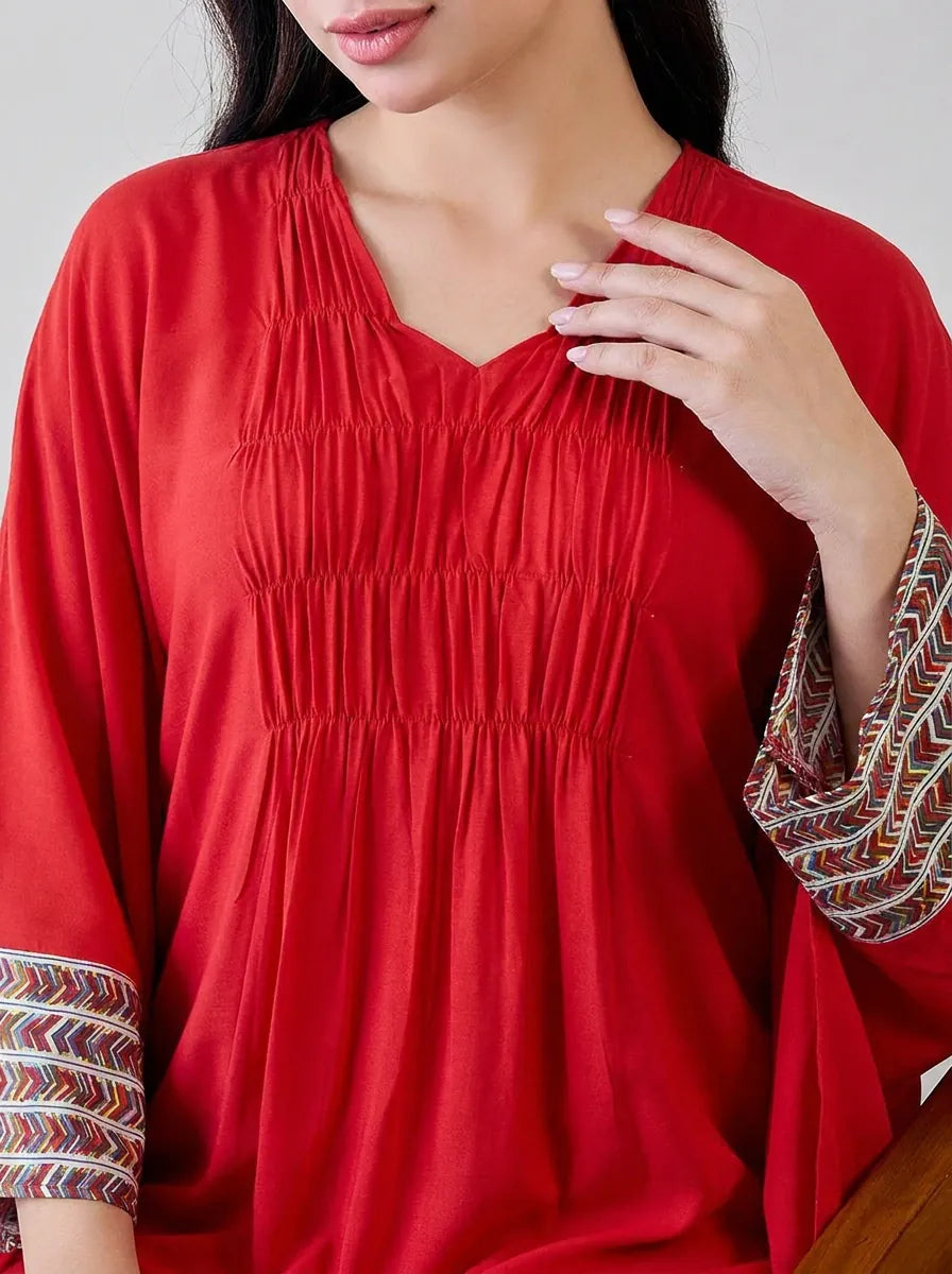 The Kaftan Company Kaftan Red Modal Kaftan with Contrast Border Trim
