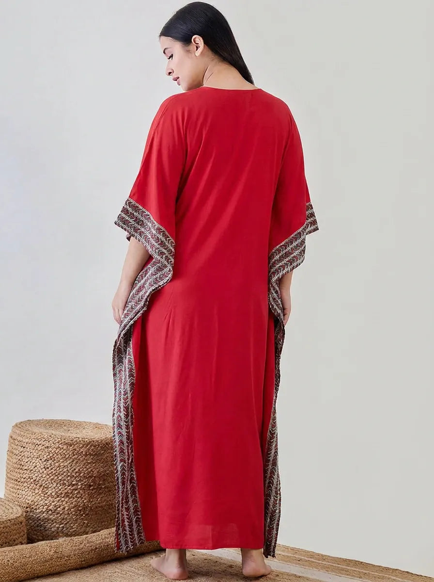 The Kaftan Company Kaftan Red Modal Kaftan with Contrast Border Trim