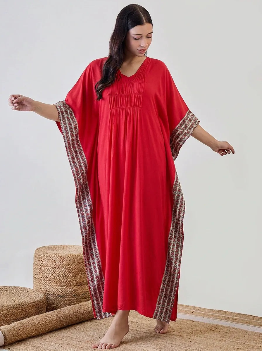 The Kaftan Company Kaftan Red Modal Kaftan with Contrast Border Trim